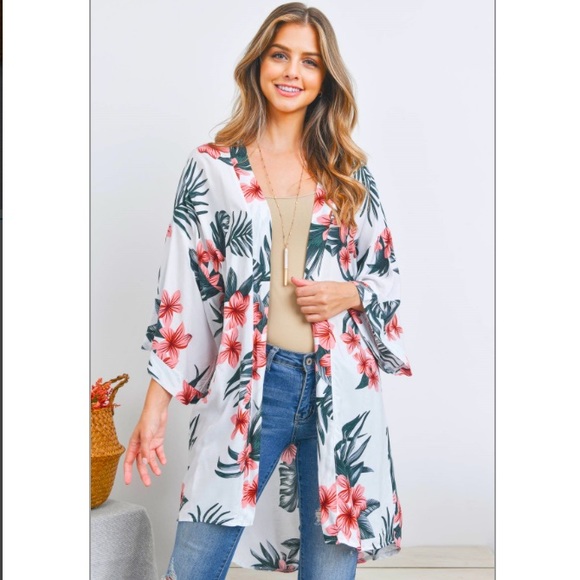 Swim Coverup Kimono With Sleeves Floral Boho Chic Festival One Size S-2XL - Picture 4 of 9